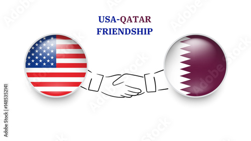 USA and qatar flags in circle with shake hand. USA And qatar friendship. USA And qatar flags, isolated on white background. Vector illustrator