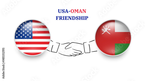 USA and OMAN flags in circle with shake hand. USA And OMAN friendship. USA And OMAN flags, isolated on white background. Vector illustrator