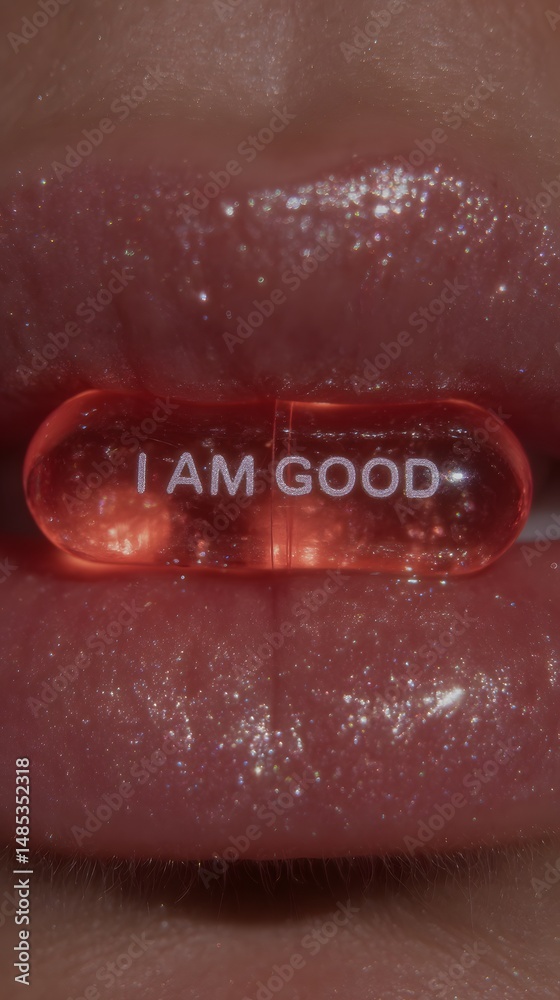 Obraz premium Embracing Wellness: A close-up shot of lips holding a capsule etched with the affirmation 