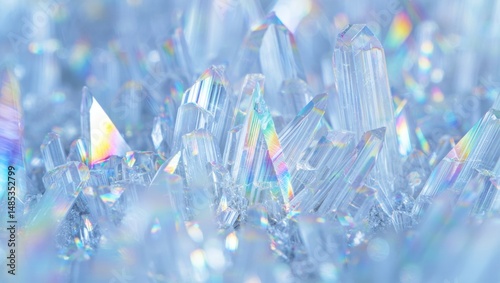 Clear quartz crystal cluster with soft rainbow reflections, natural mineral formation, sparkling clarity, light dispersion, geological beauty, ethereal gemstone texture
