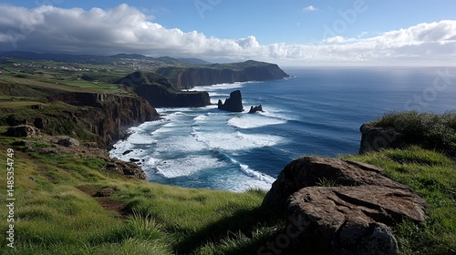 black rock ridges cutting into sea from volcanic coast