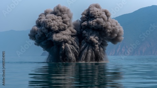 black smoke rising in columns from deep sea geothermal vent