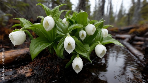 blooming wetland plants in quiet forest swamp glade