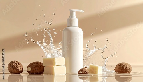 Soap and Lotion with Nuts and Water Splashes