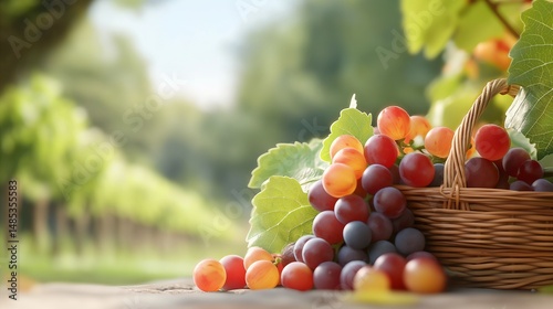 A close-up of plump red, orange, and blue wine grapes, resting in a wicker basket