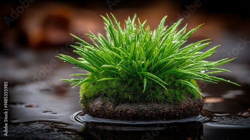 bright green moss glowing above dark swamp water
