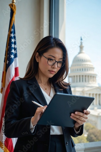 East Asian Woman Policy Advisor, 40s, Reviews AI Bias Audit Logs on Tablet in Government Building with National Flag, Ethical Governance