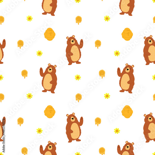 Seamless pattern with bears, honeycombs, hives and flowers hand drawn with trendy textures. Image for printing on wrapping paper and canvas, for kids, poster or banner. Cartoon flat illustration