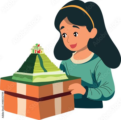 Kid opening a gift shaped like Machu Picchu