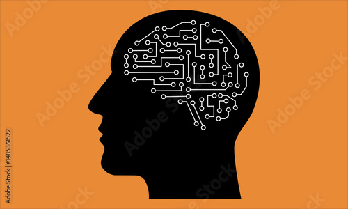 A stylized head outline filled with a circuit board pattern on a pink background