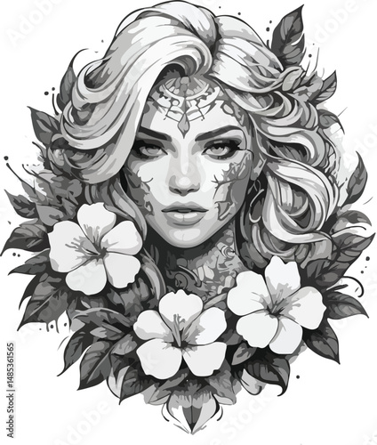 girl with a bouquet of flowers tattoo