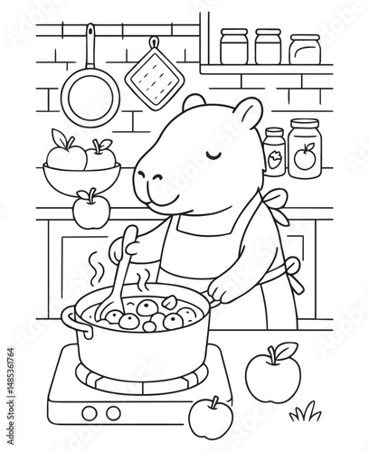 Coloring book capybara wearing an apron cooks apples in a pot on a stove in a cozy kitchen
