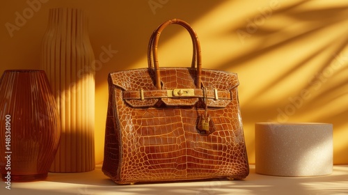 A stunning image of product photography shot of a birkin bag, Luxury minimalism Golden hour editorial Modern sculptural lighting Premium product still life High-gloss cinematic.