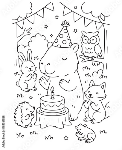 Coloring book  capybara wearing a party hat celebrates its birthday with a cake and animal friends  photo
