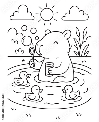 Coloring book capybara sits in the water blowing bubbles with a wand, while three cute ducklings swim nearby under the sun and clouds.