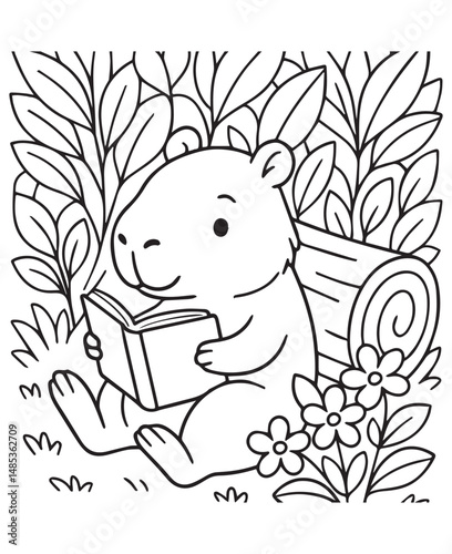 Coloring book capybara sits amongst foliage and flowers, leaning against a log while reading a book