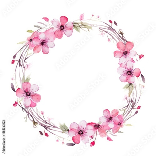 Pink flowers circle border blossom plant white background.