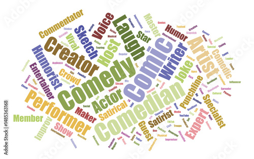 "Editable Comedians Word Cloud – Stand-Up Typography Art with Joke Terms, Comedy Styles & Punchline Keywords (Custom Vector Design)"