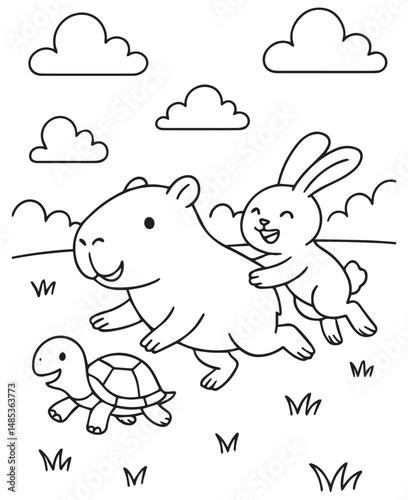 Coloring book  capybara runs with a laughing rabbit clinging to its back, while a cheerful tortoise follows behind under fluffy clouds