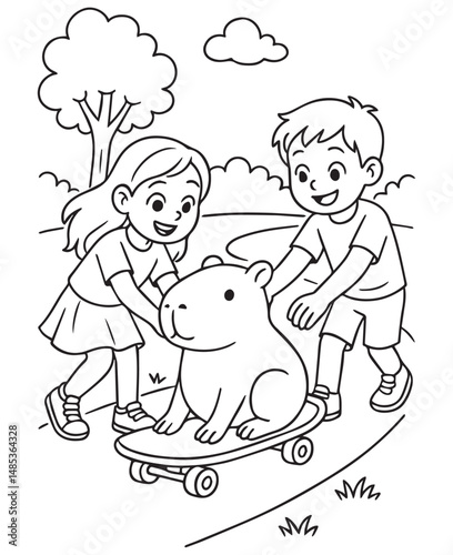 Coloring book girl and boy push a cute capybara sitting on a skateboard in a park with a tree and clouds