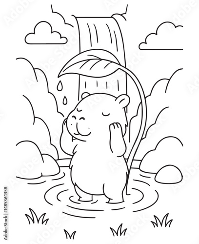 Coloring book capybara enjoys a refreshing shower under a large leaf near a waterfall