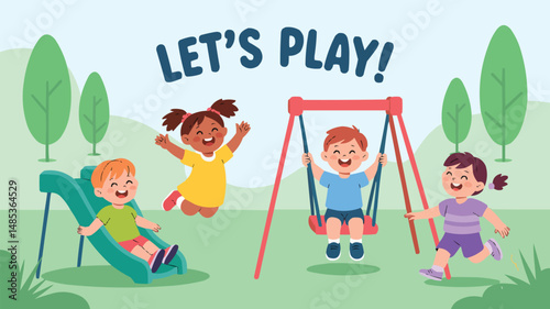 Cheerful children enjoying playground activities with a slide a swing and lush green trees