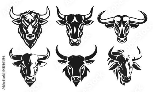 Bull head logo set, strong animal emblem, angry bull face, horned beast icon, vector illustration	