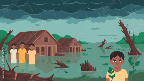 Children standing in floodwaters surrounded by devastation illustrating climate change impacts and natural disaster