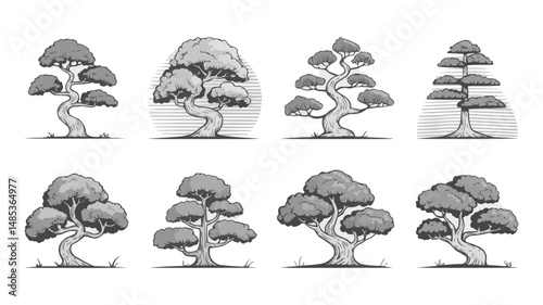 Collection of stylized black and white illustrations of japanese bonsai trees in various shapes