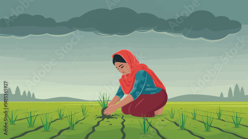 Farmer planting rice seedlings during rainfall in an agricultural field artwork illustration