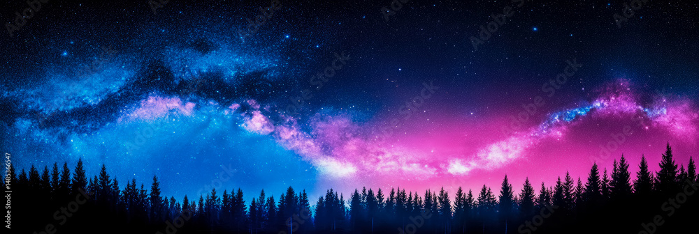 Fototapeta premium Cosmic Wonder: A vibrant milky way stretches over a tranquil forest at night