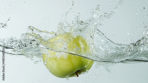 A green apple is floating in a stream of water