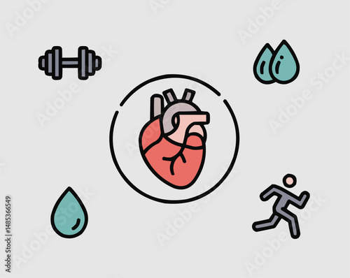 Icons illustrating heart health exercise hydration and overall wellbeing for a healthy lifestyle