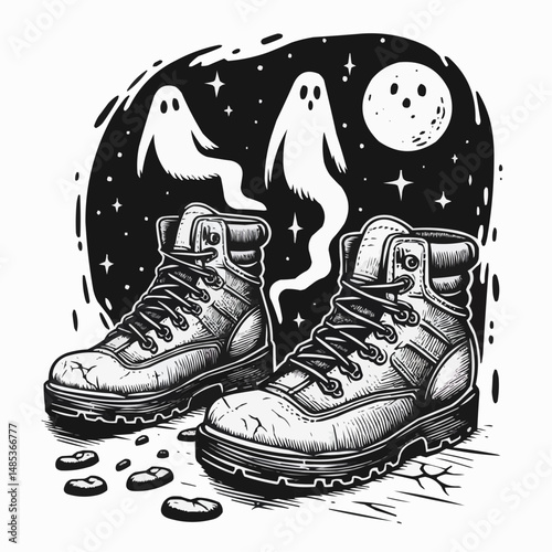 Hiking boots with ghostly figures and a moonlit background on a spooky night - adventurous concept