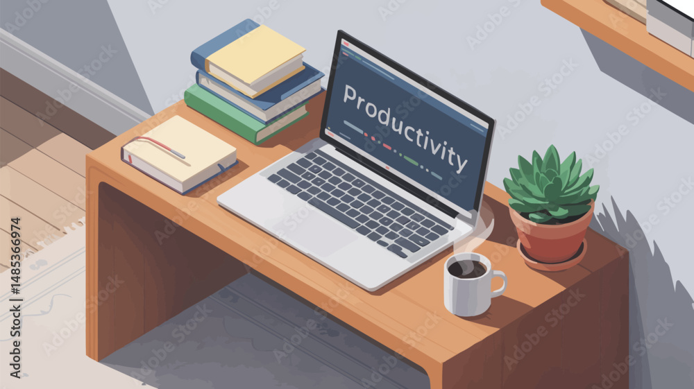 Fototapeta premium Isometric illustration of a laptop with the word productivity on the screen and desk setup.