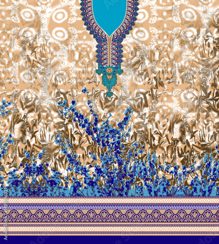 Elegant Blue Floral Kurta Panel – Batik Beige Background & Ornate Neckline Fabric Design for Chic Ethnic Wear. making it suitable for ethnic fashion, cultural events, or contemporary boutique wear.