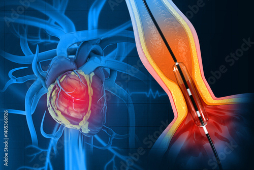 Balloon angioplasty procedure with stent in vein. 3d illustration