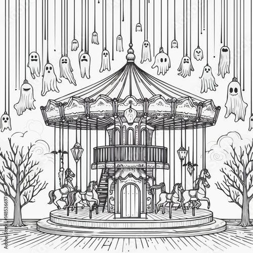 Ghostly carousel with hanging ghosts and spooky trees on a light background for Halloween - whimsical concept