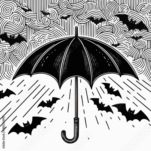 Black umbrella surrounded by bats in a swirling stormy atmosphere illustrated in line art
