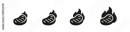 Steak with fire vector icons in simple design. Grilled meat symbols in cooking and BBQ style