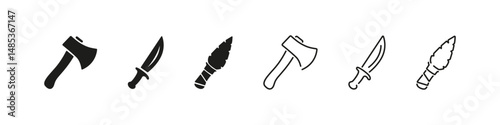 Knifes and axes in flat and outline vector icon style. Sharp blade tools for kitchen, camping or survival use
