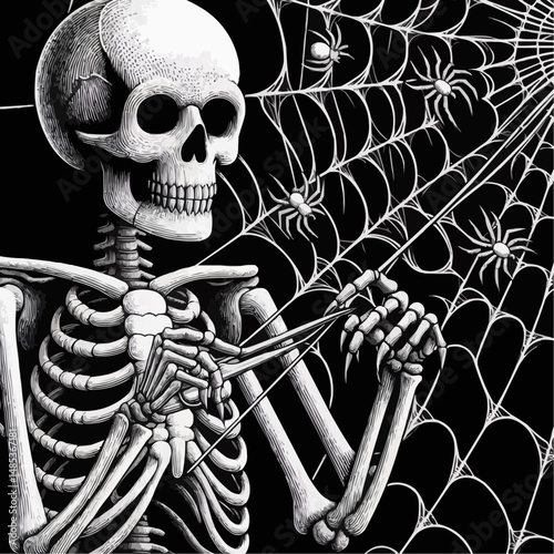 Halloween-themed vector illustration of a skeleton holding a spider web with spiders
