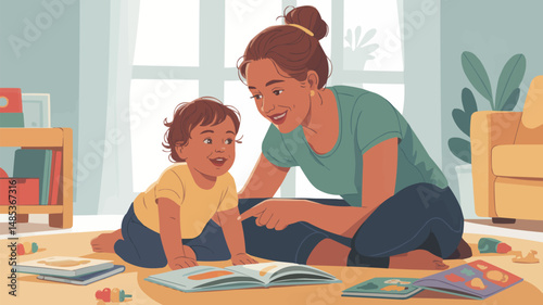 Mother and child enjoying quality time reading colorful picture books together at home