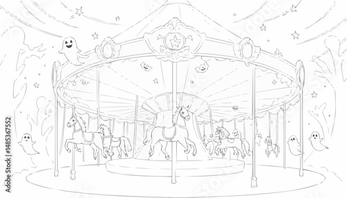 Halloween-themed coloring page of a spooky carousel with ghostly horses and spirits

