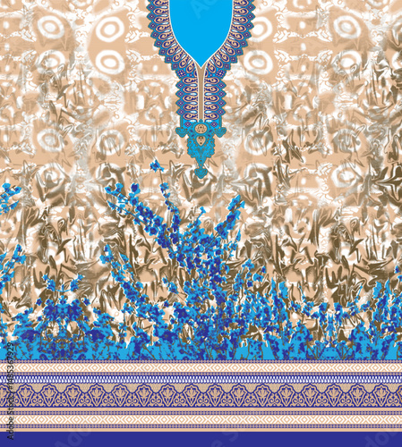 Elegant Blue Floral Kurta Panel – Batik Beige Background & Ornate Neckline Fabric Design for Chic Ethnic Wear. making it suitable for ethnic fashion, cultural events, or contemporary boutique wear.
