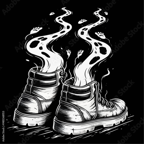 Spooky Halloween boots with ghostly smoke and creepy feet emerging in black and white