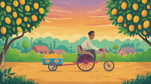 Smiling man riding bicycle loaded with harvested mangoes through a rural landscape