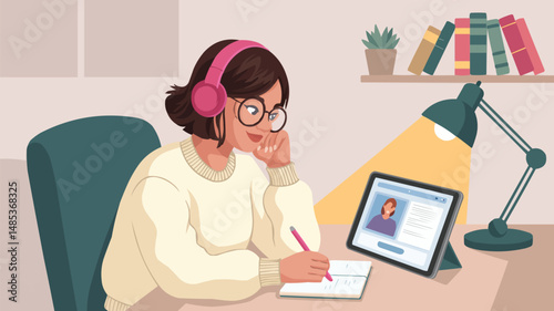 Student enjoying an online class from home taking notes and wearing headphones