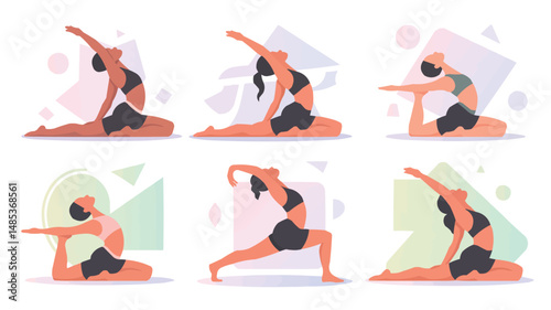 Vector illustration of a woman practicing various yoga poses for wellness and fitness
