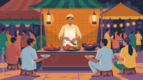 Vibrant illustration of a street food vendor serving customers at a night market